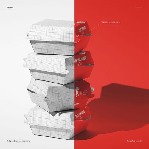 Burger box PSD mockup featuring four stacked containers, split between plain grid and red graphic designs.