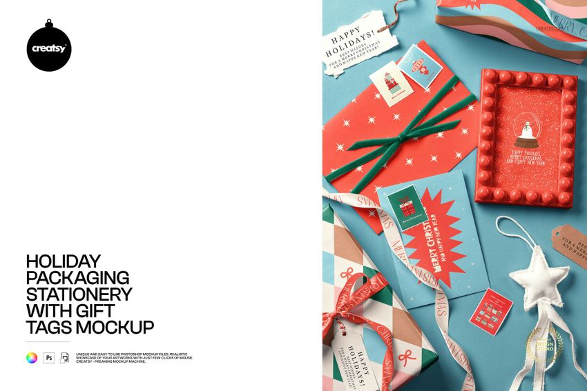Holiday Packaging Stationery with Gift Tags Mockup - mockup screenshot 1
