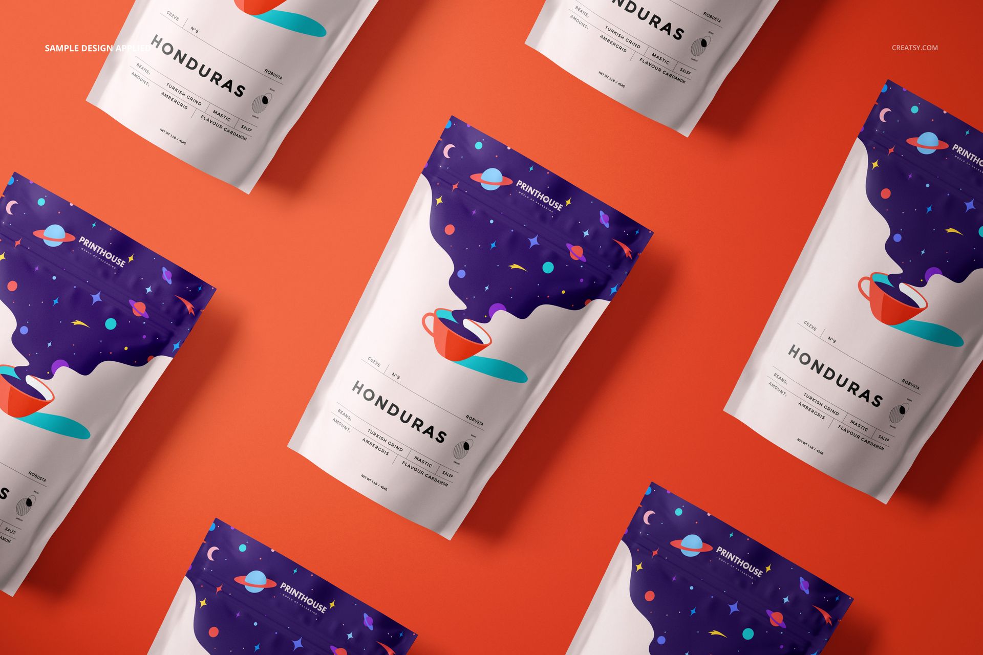 Multiple stand up zip lock pouch mockups with vibrant purple and white patterns displayed from a top view.