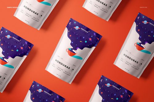 Multiple stand up zip lock pouch mockups with vibrant purple and white patterns displayed from a top view.