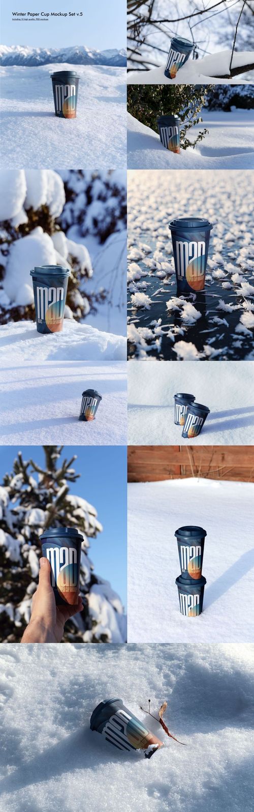 Paper cup mockup with modern blue and orange artwork displayed on snowy surfaces and winter scenery from different angles.