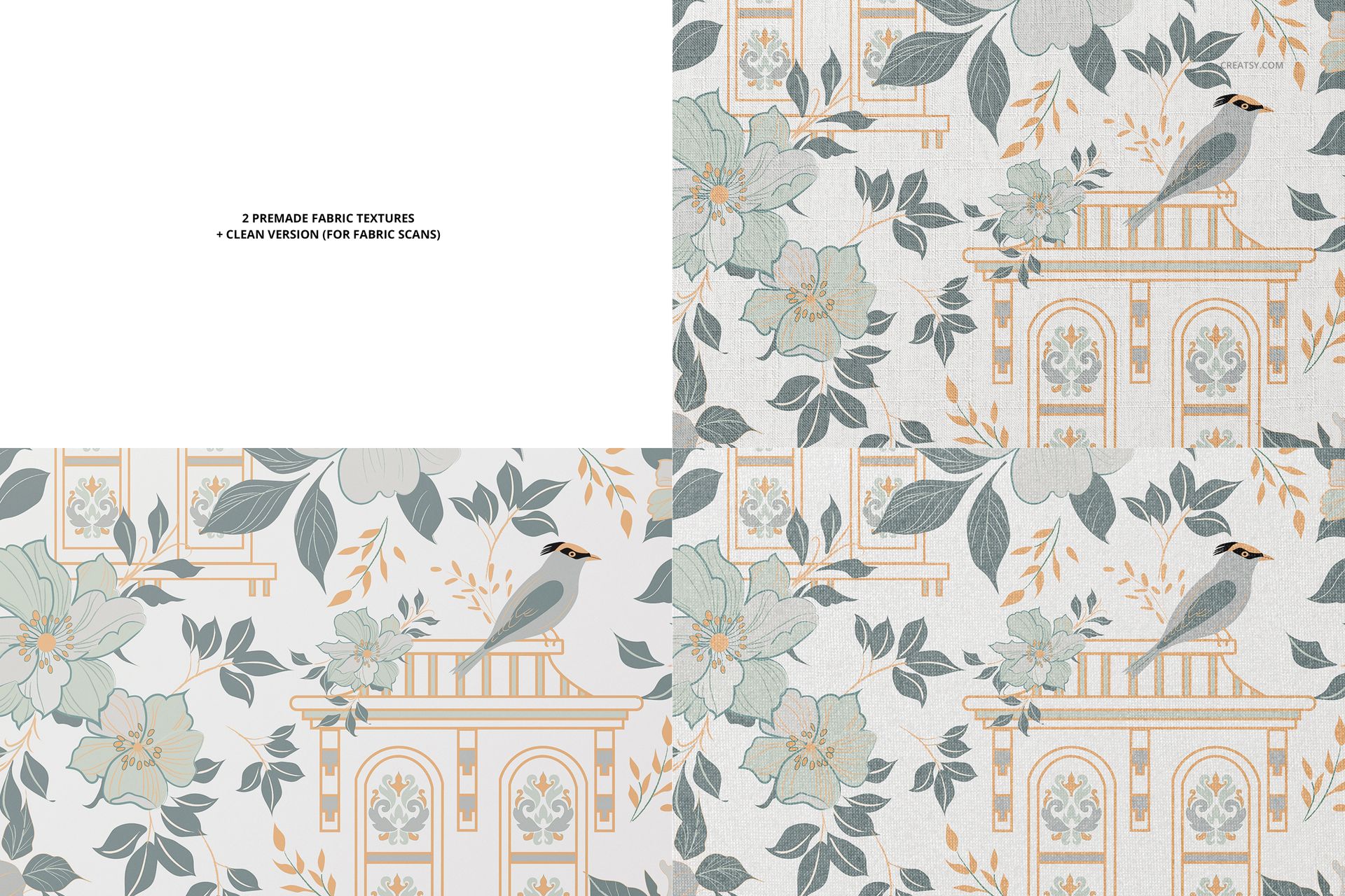 Fabric swatches mockup showing three square fabric samples with floral and bird patterns in muted green, beige, and gray tones.
