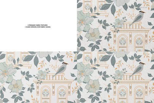 Fabric swatches mockup showing three square fabric samples with floral and bird patterns in muted green, beige, and gray tones.