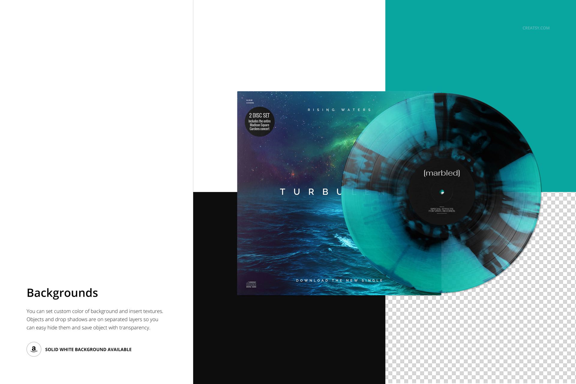 Front view of a marbled effect vinyl record and cover with blue and black patterns, displayed on a PSD mockup scene.