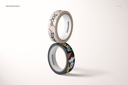 Stacked paper packing tape mockup featuring vibrant artwork, shown in a clean minimalistic setting, front perspective.