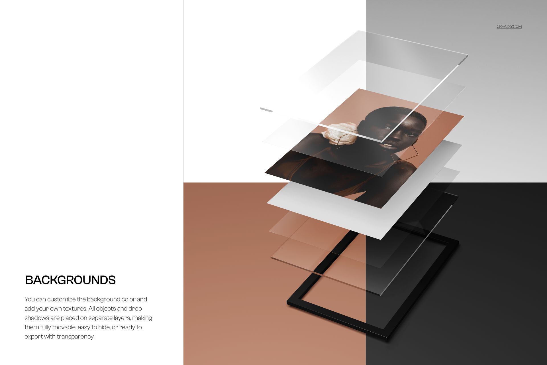 Exploded view of an acrylic photo print mockup with matte finish, showing layered transparent panels and frame.