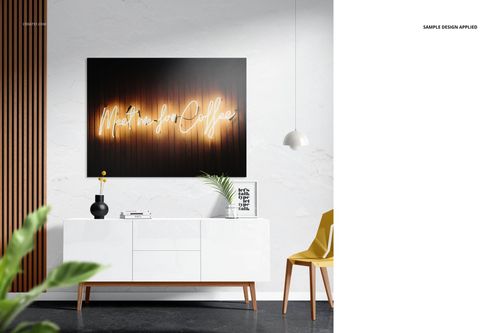 Front view of a rectangular aluminum metal print mockup featuring illuminated text, displayed on a white wall.