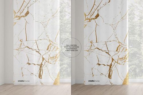 Curtains PSD mockup showing adjustable transparency, gold marble pattern, and light-filled window in a modern interior.