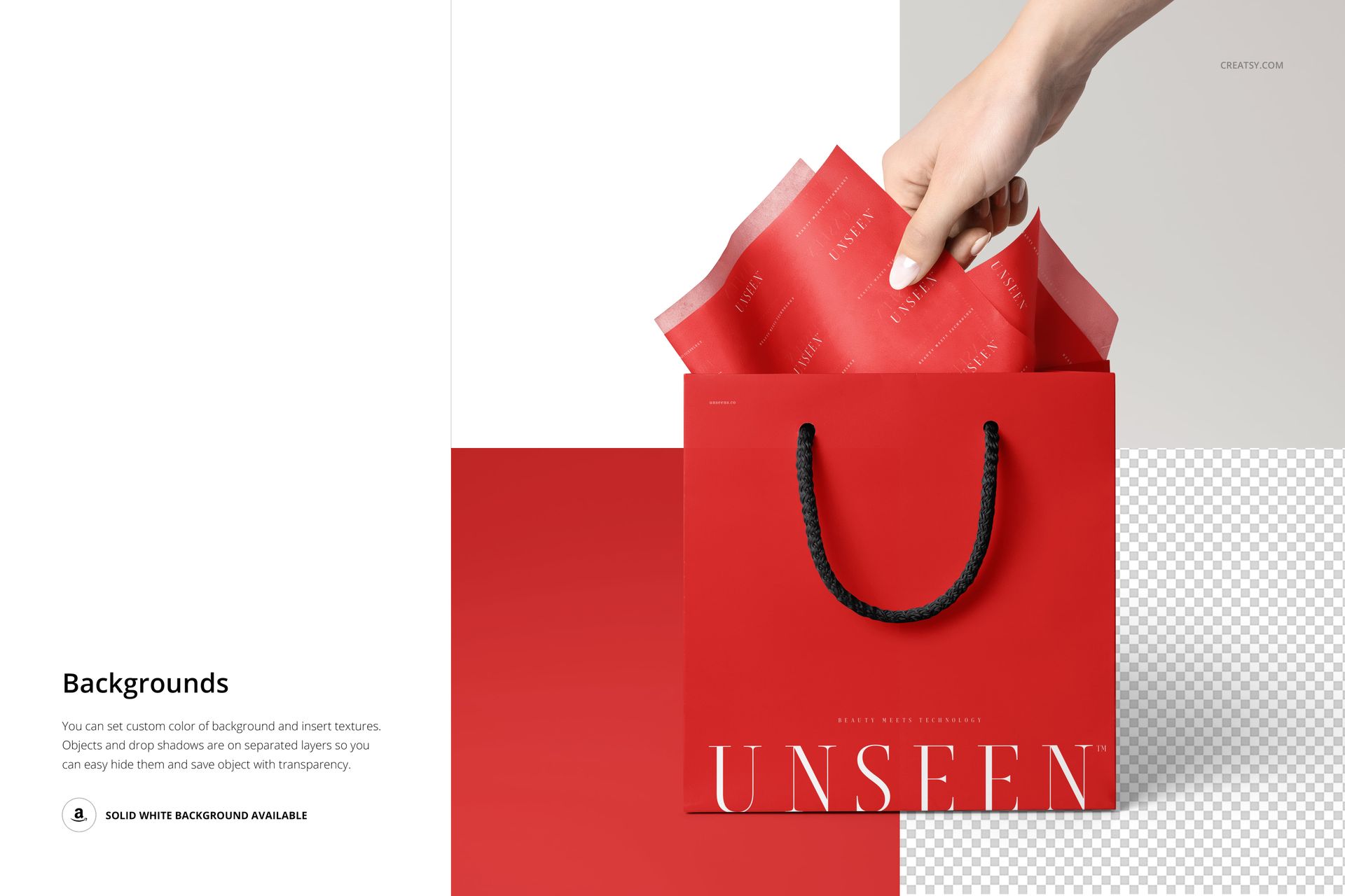PSD mockup featuring a hand with red wrapping tissue paper in a square red packaging bag, displayed against a minimalist background.