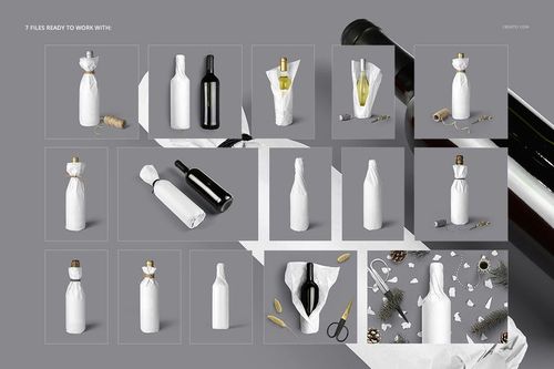 PSD mockup set featuring wine bottles wrapped in white tissue paper, arranged with twine and decorative items.