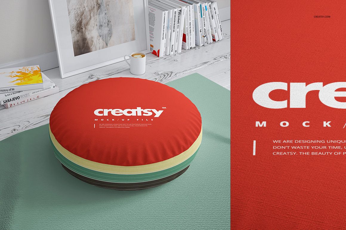 Round cotton pillow PSD mockup set with colorful stacked pillows in a contemporary home interior, viewed from a side angle.