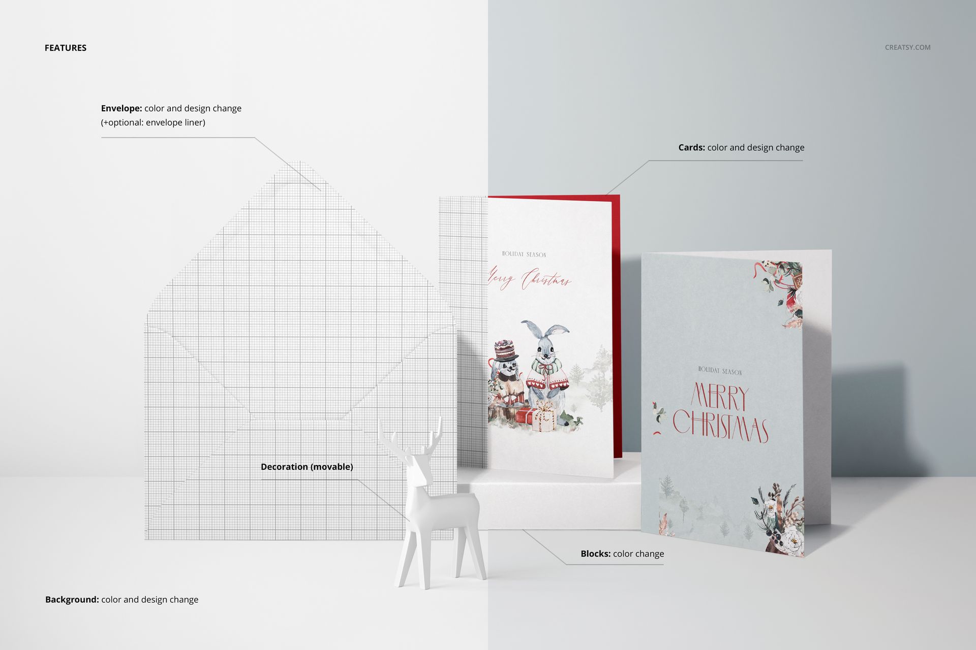 Mockup set featuring two standing greeting cards, open envelope with grid pattern, and small white reindeer figurine.