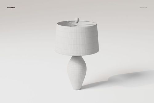 Front view of a ceramic table lamp 3D model with a rounded base and wide lampshade, shown in wireframe style.