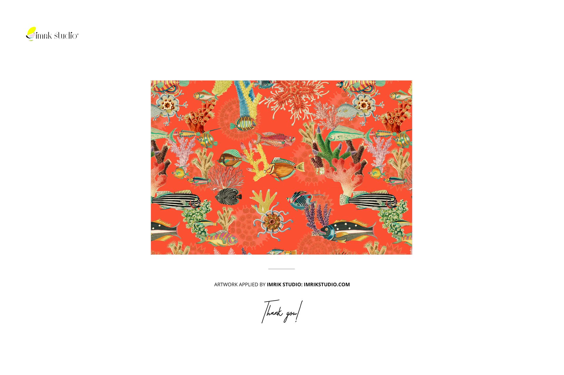 Underwater-themed cotton fabric mockup with colorful fish and coral motifs set against a bold orange backdrop, top view.