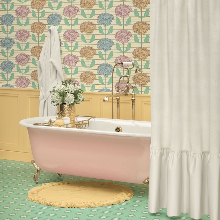 Vintage bathroom wallpaper mockup showing a pastel floral pattern behind a pink clawfoot tub, brass fixtures, and a white shower curtain.