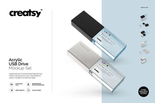 Acrylic USB drive mockup set showing two USB drives with transparent and metallic accents, arranged side by side.