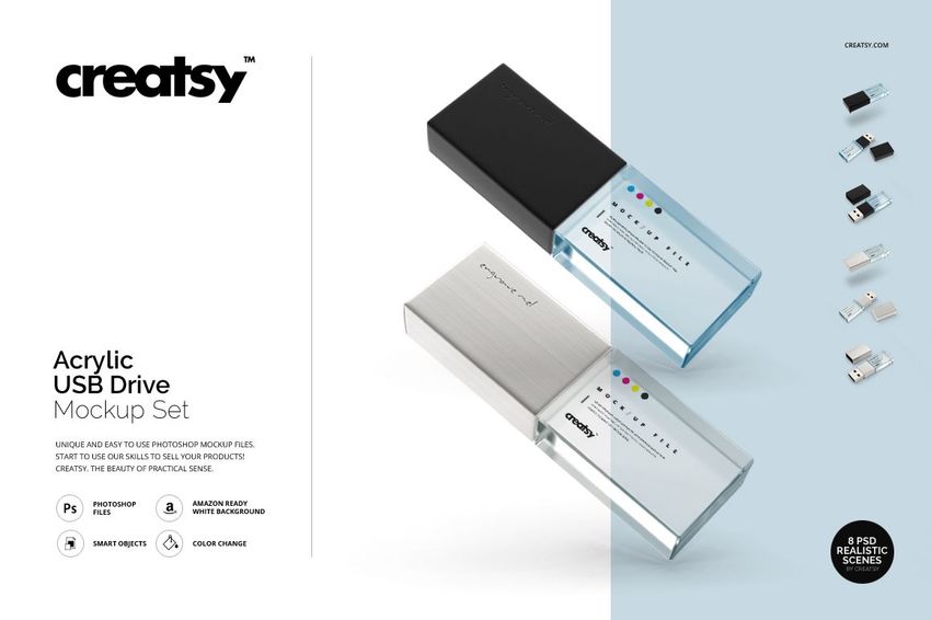 Acrylic USB drive mockup set showing two USB drives with transparent and metallic accents, arranged side by side.