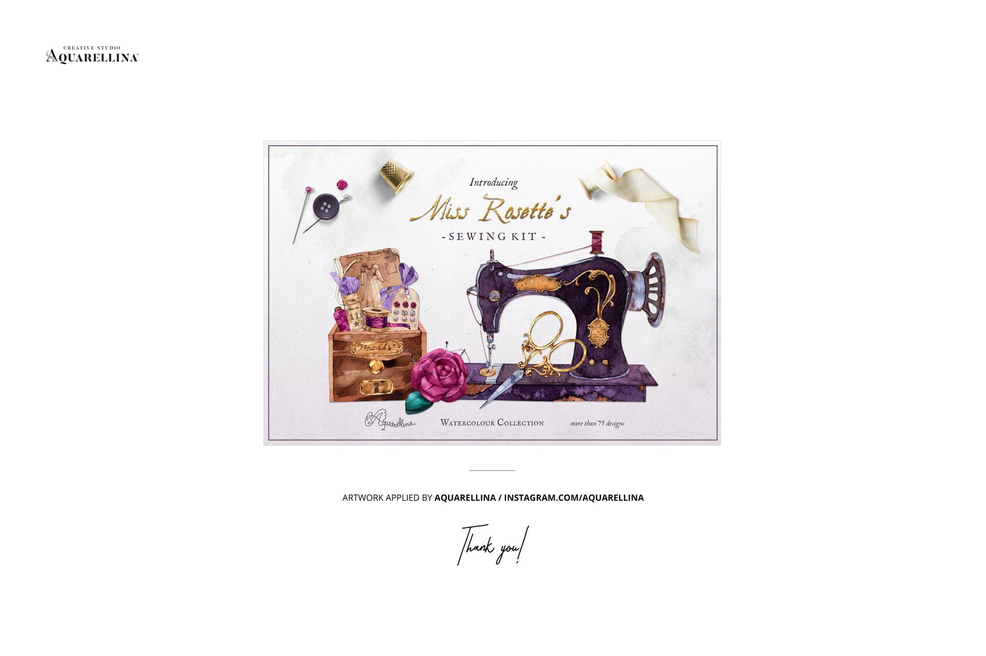 Fabric swatch mockup featuring a vintage sewing machine illustration, purple rose, and sewing accessories on a white background.