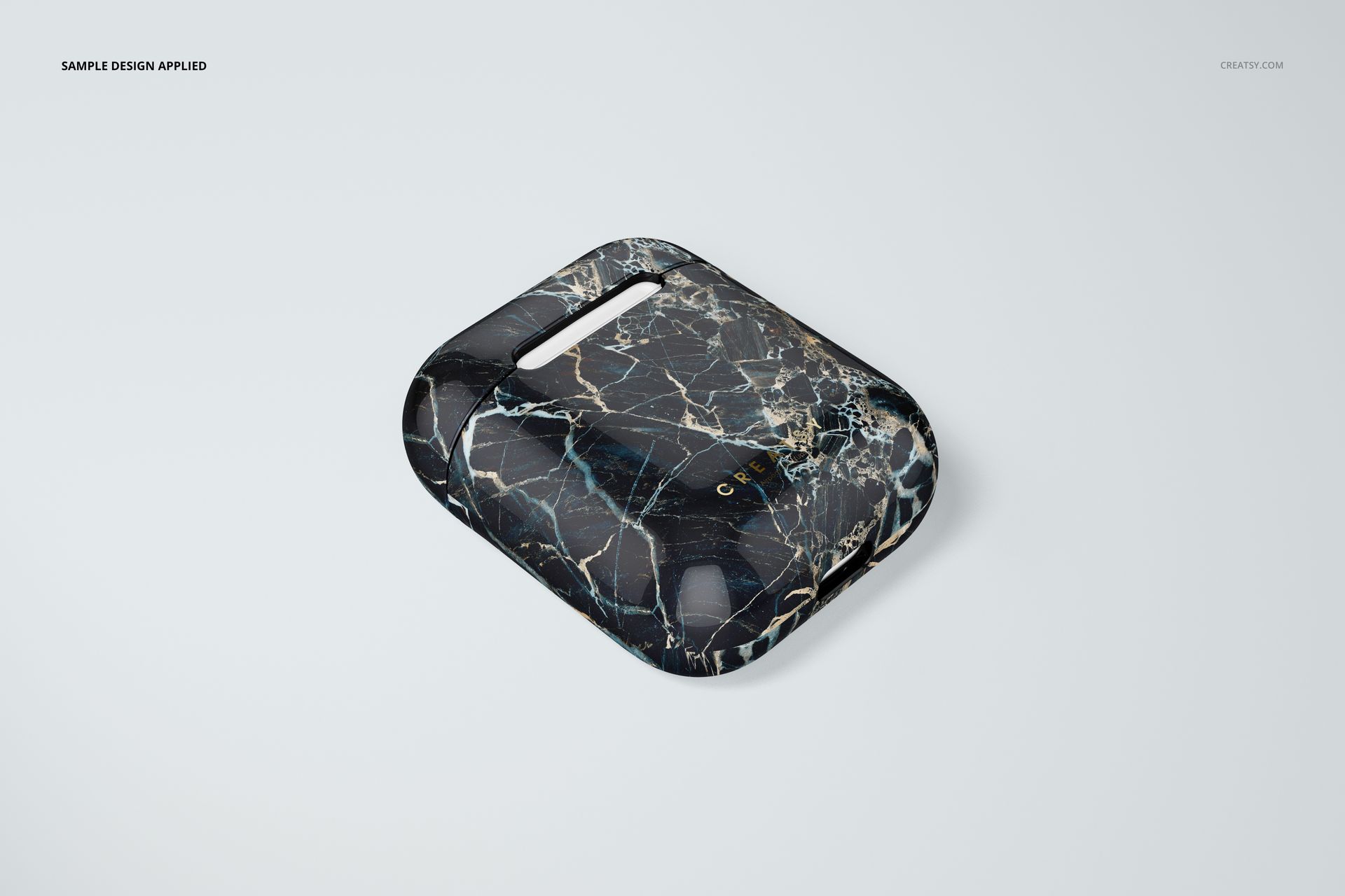 Black marble AirPods case mockup displayed at an angle, highlighting the glossy texture against a white backdrop.