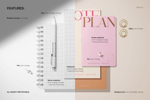 Spiral journal and softcover notebooks mockup featuring a pen, paper clips, and stationery items on a split background.