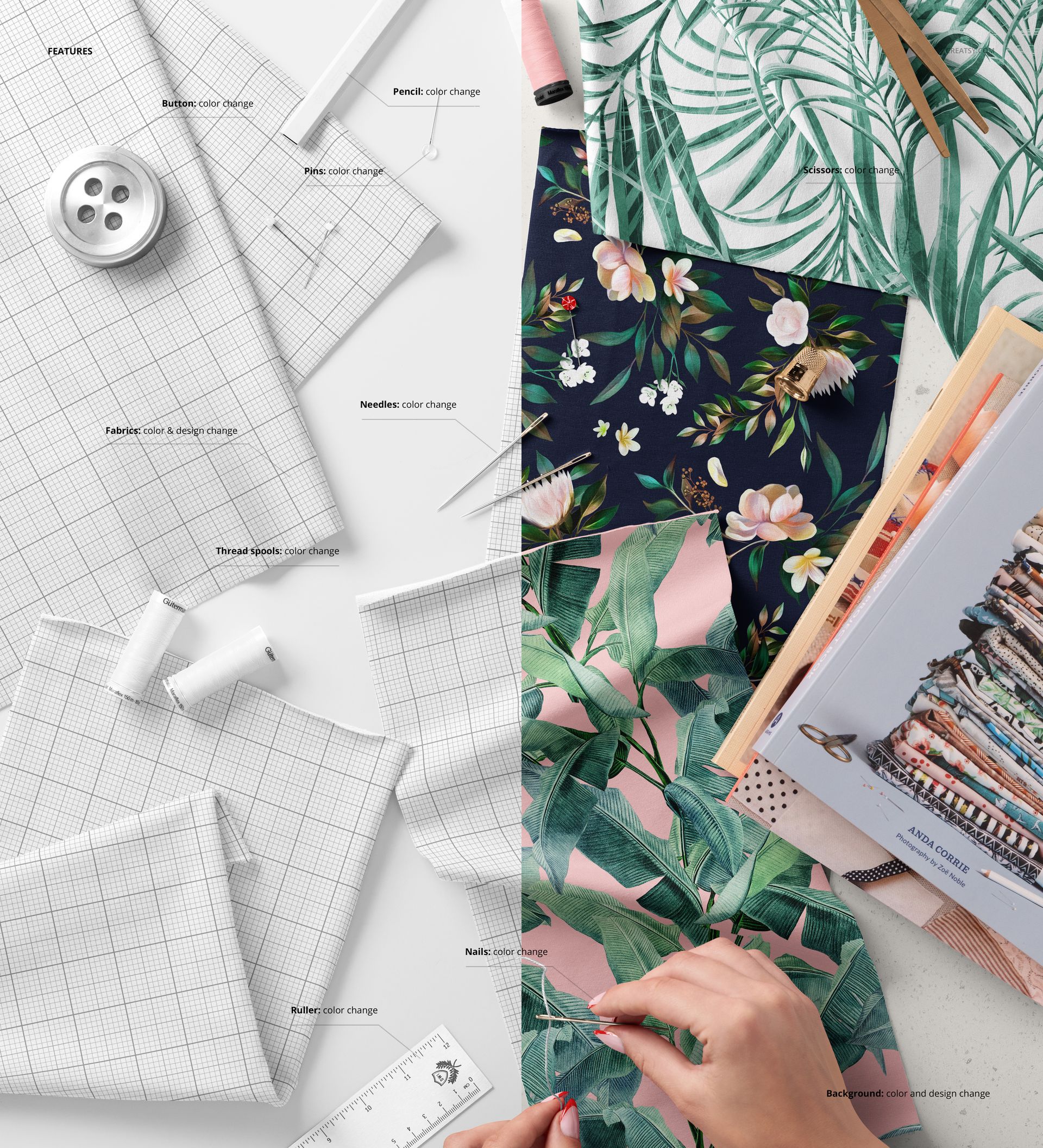 Top view of a sewing desk featuring fabric swatches, sewing tools, and a PSD mockup with floral and grid patterns.