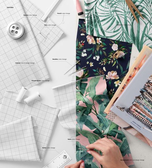 Top view of a sewing desk featuring fabric swatches, sewing tools, and a PSD mockup with floral and grid patterns.