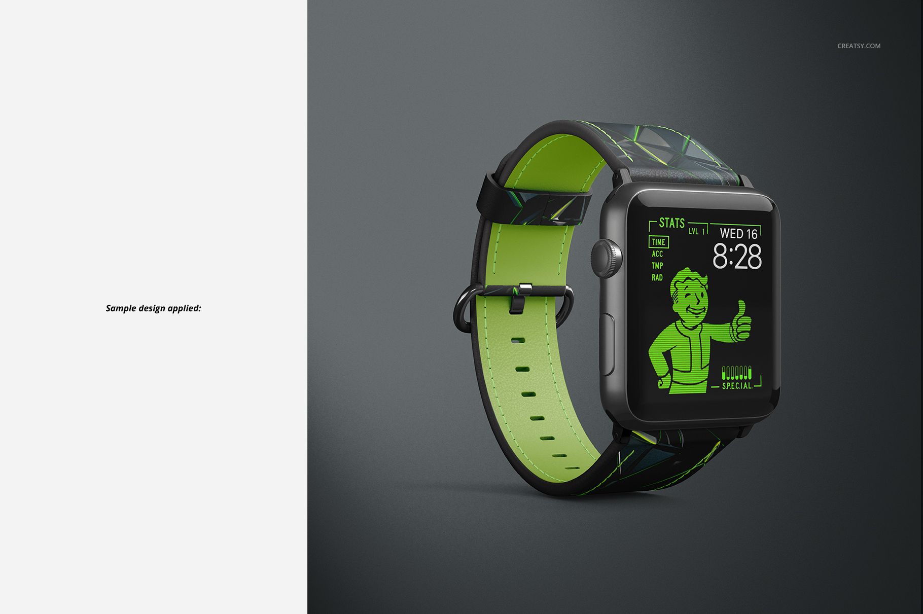 PSD mockup of an Apple Watch with a stitched leather band in black and green, displayed at an angled front perspective.