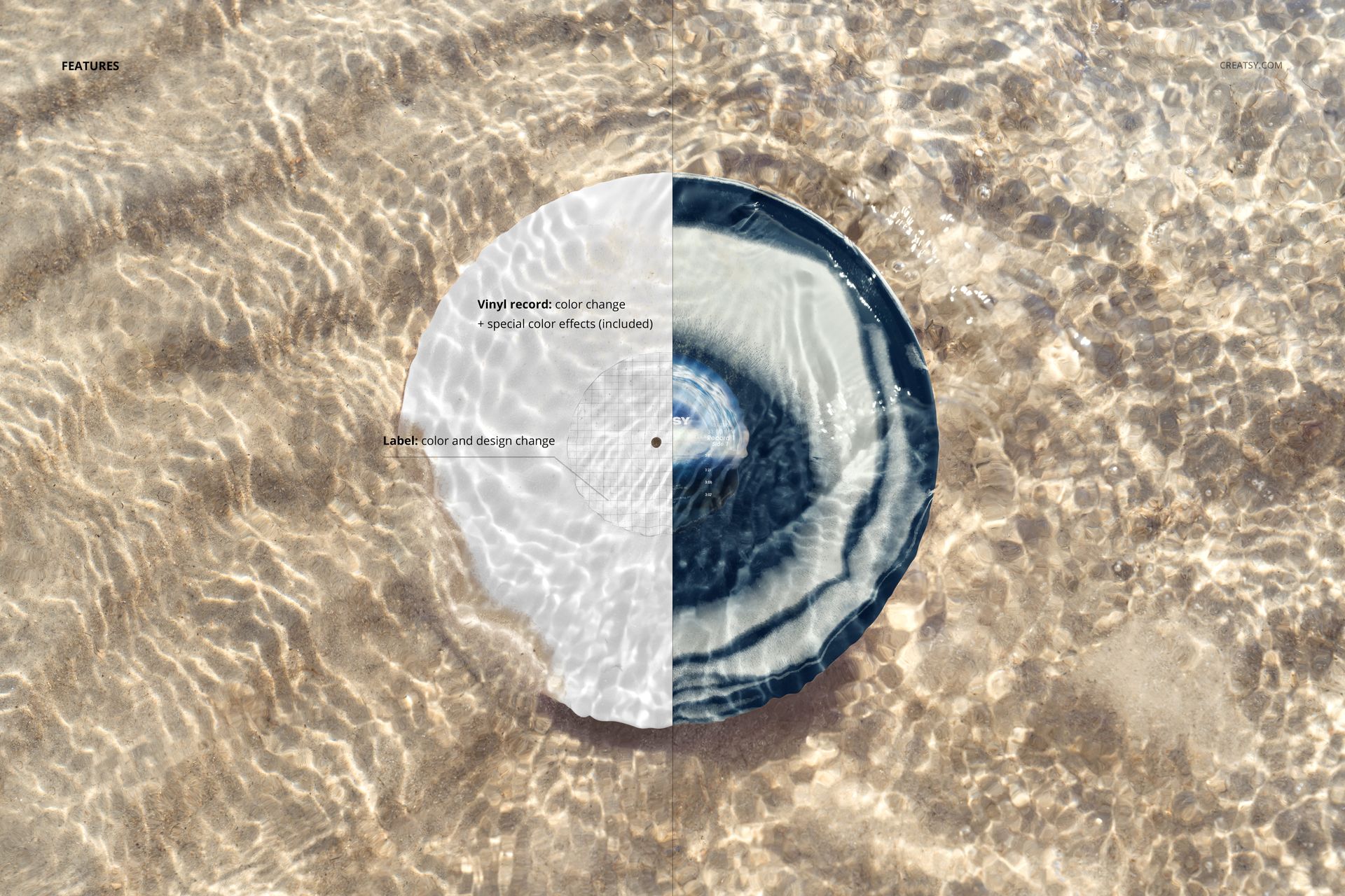 Vinyl record mockup lying on sand beneath clear water, showing reflections and gentle wave textures on the surface.