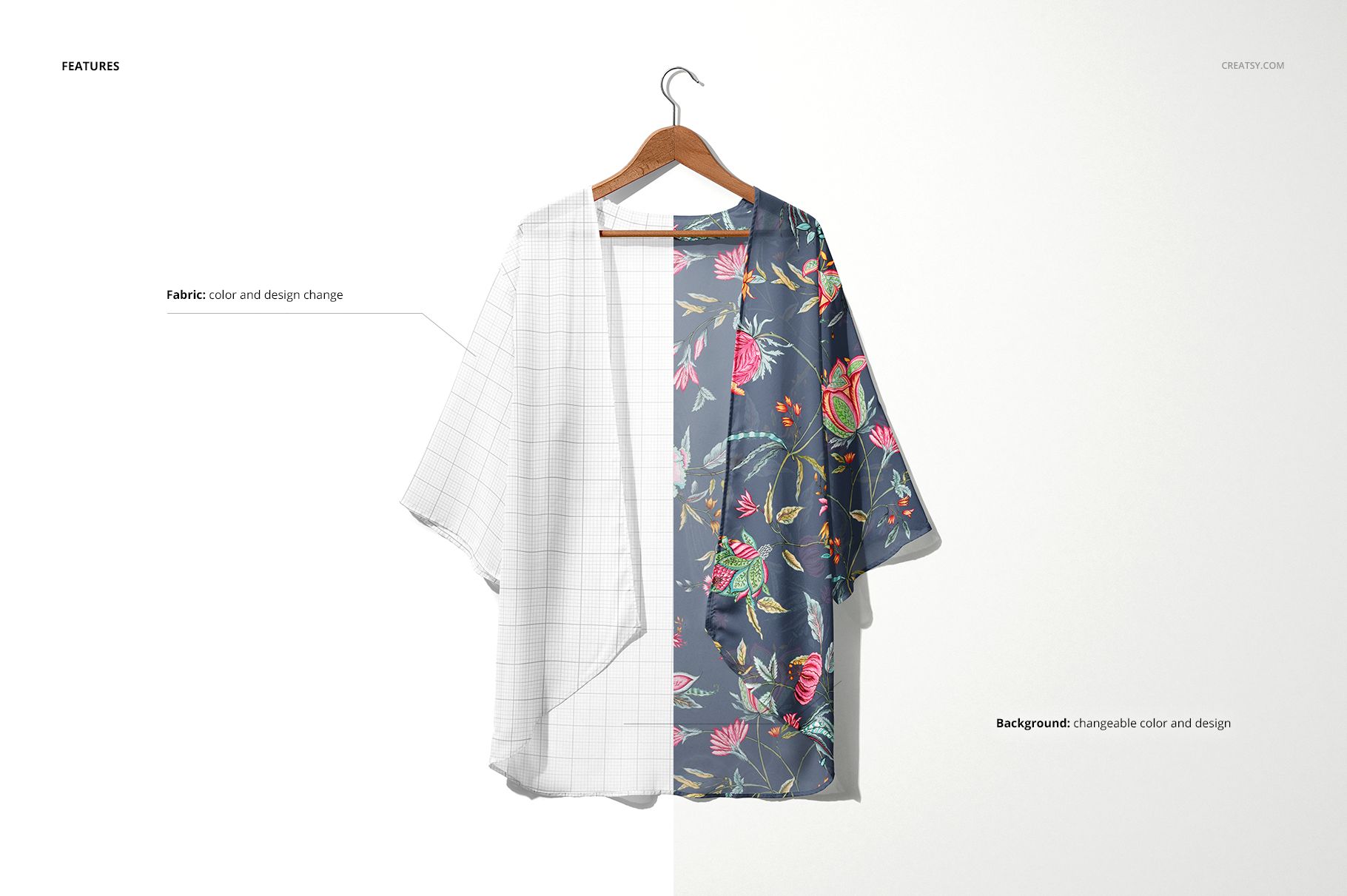 Front view of a chiffon kimono mockup on a wooden hanger, half with grid pattern and half with colorful floral design.