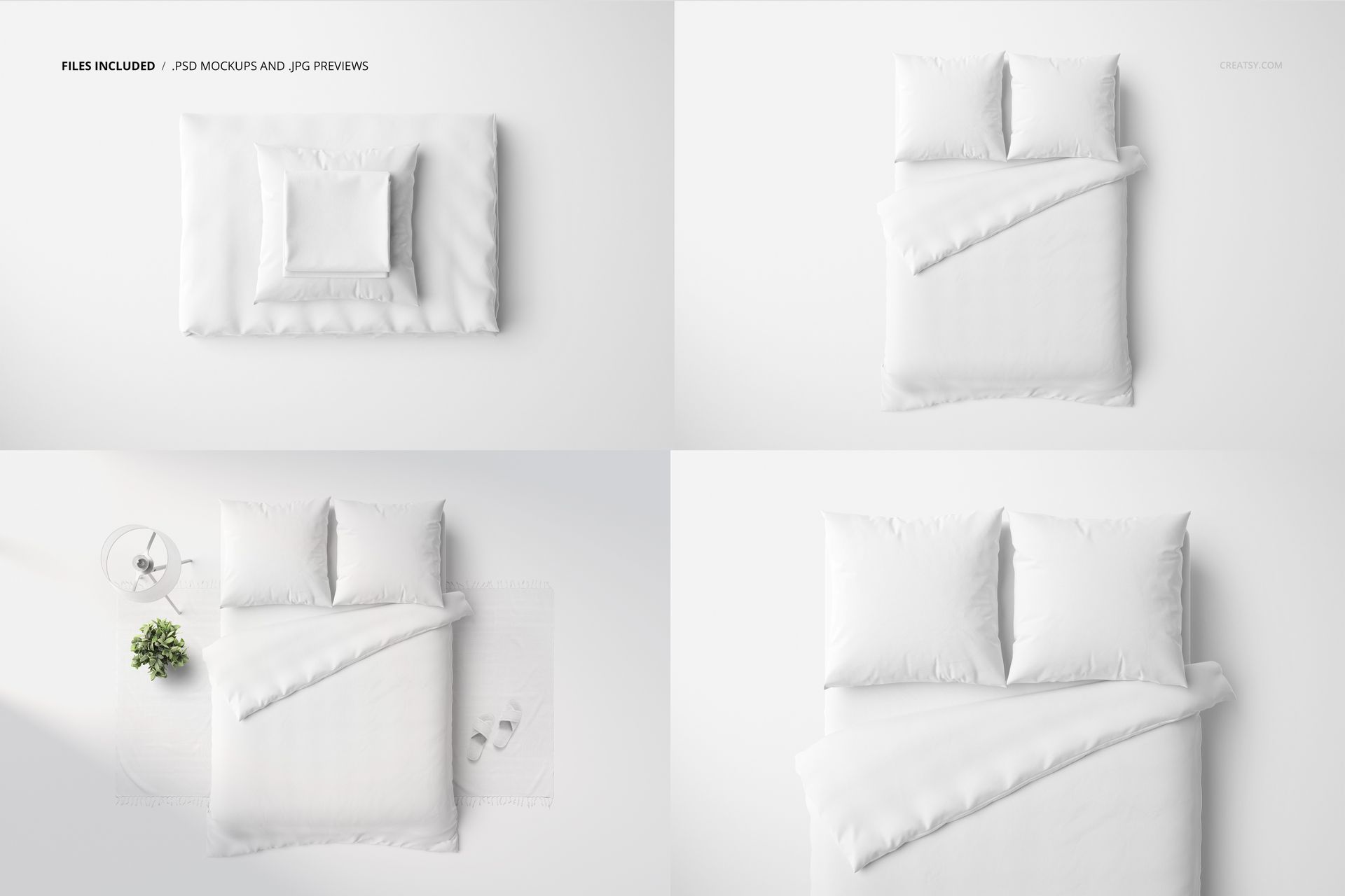 Bedding mockup set with euro pillows in various layouts, highlighting soft textures and simple white color scheme.