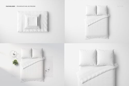 Bedding mockup set with euro pillows in various layouts, highlighting soft textures and simple white color scheme.