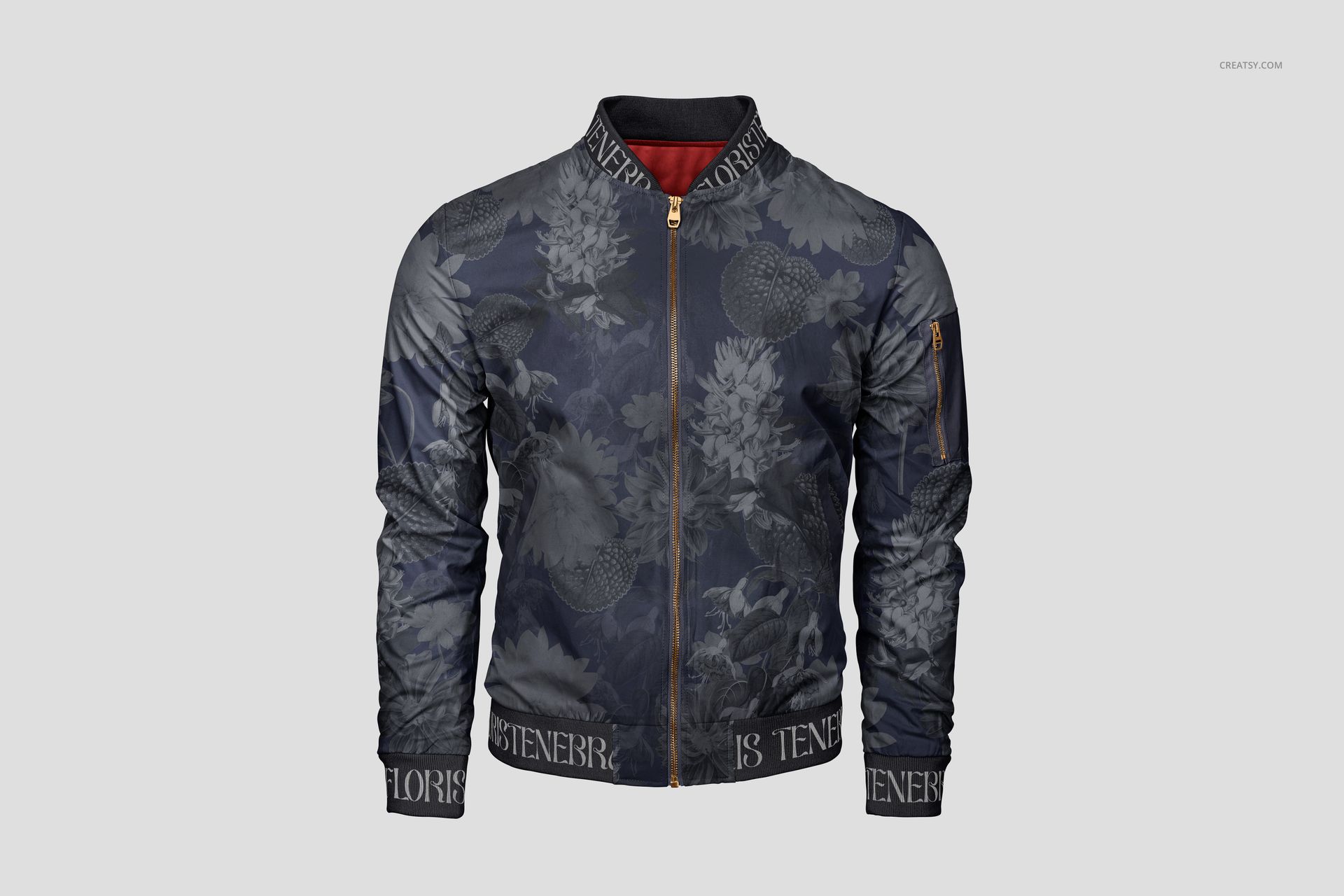 Men's bomber jacket mockup with dark floral pattern, shown from the front on a plain light background.