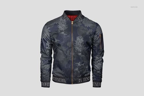 Men's bomber jacket mockup with dark floral pattern, shown from the front on a plain light background.