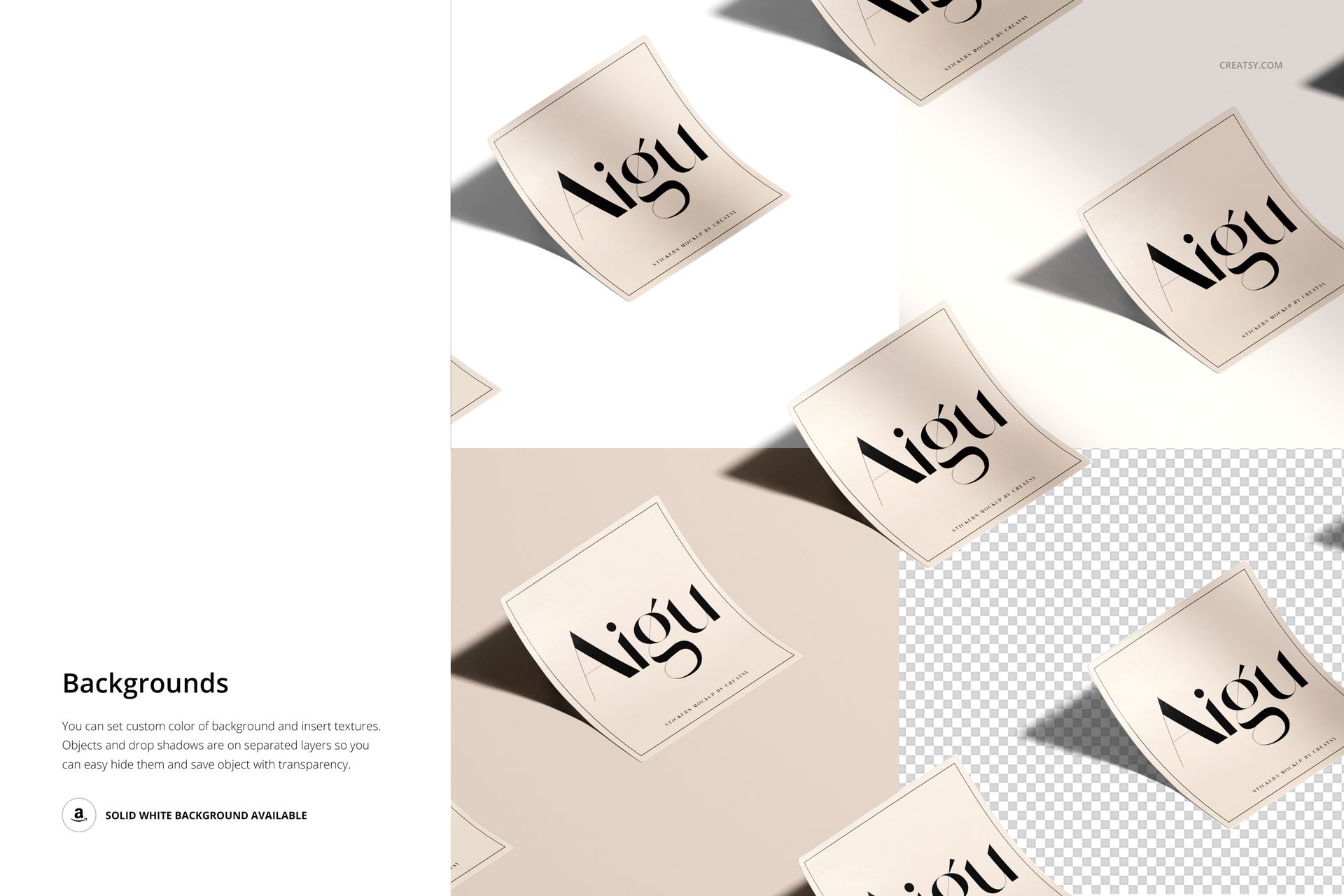 PSD mockup of square stickers on various beige and transparent backgrounds, arranged in a scattered layout with shadows.