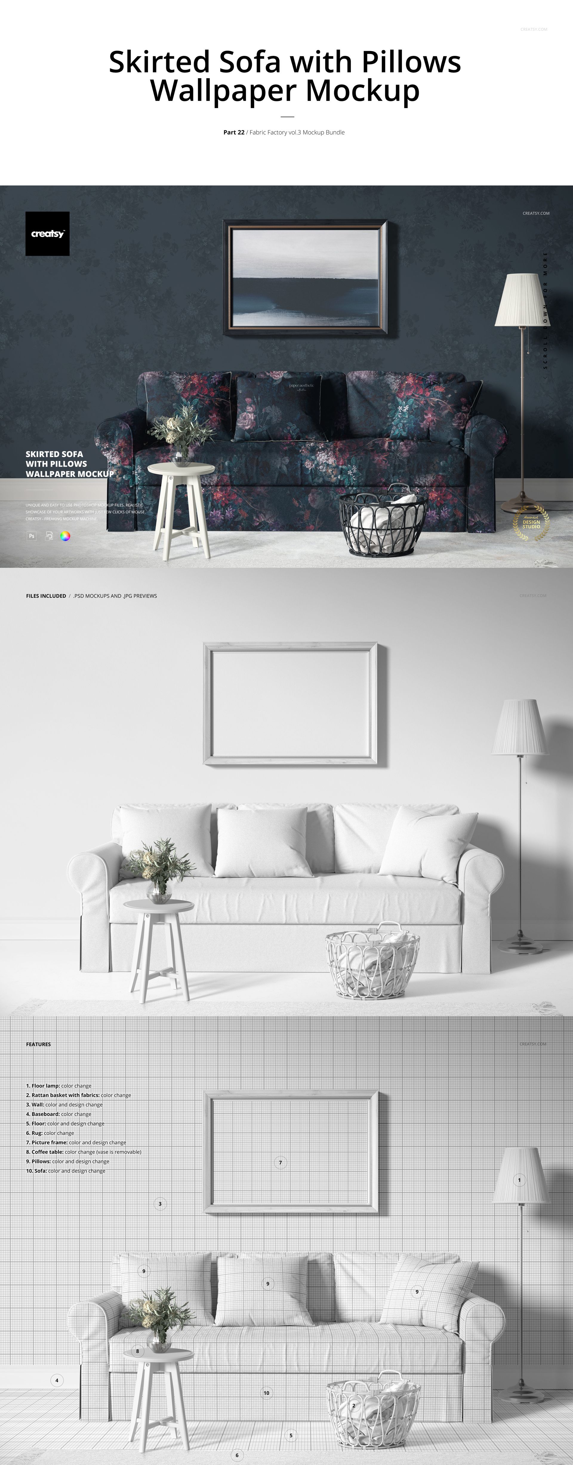 Three mockup variations showing a sofa with different upholstery and wallpaper designs, framed artwork, and props.