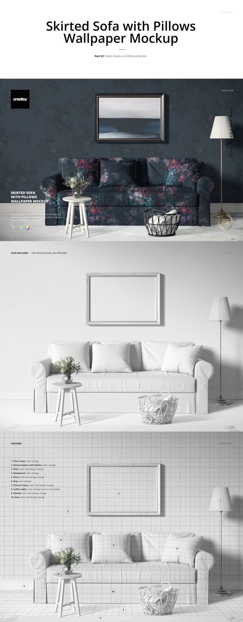 Three mockup variations showing a sofa with different upholstery and wallpaper designs, framed artwork, and props.