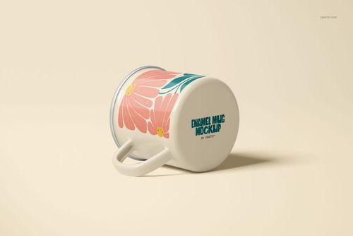 Front side view of a 360ml enamel mug mockup with silver rim, pink flower pattern, and blue lettering on cream surface.