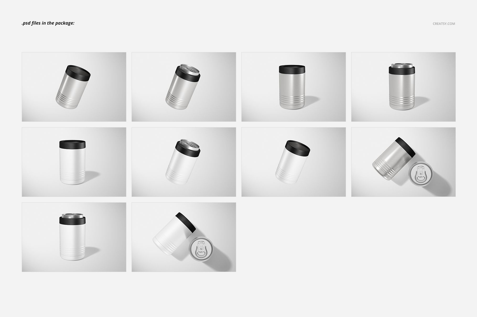 Beverage can holder cooler mockup set displayed in ten perspectives, showing silver and white drinkware designs.