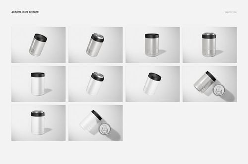 Beverage can holder cooler mockup set displayed in ten perspectives, showing silver and white drinkware designs.