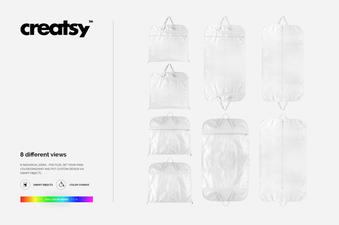 Eight white suitcovers displayed in various angles and shapes on a neutral background, highlighting different mockup perspectives.
