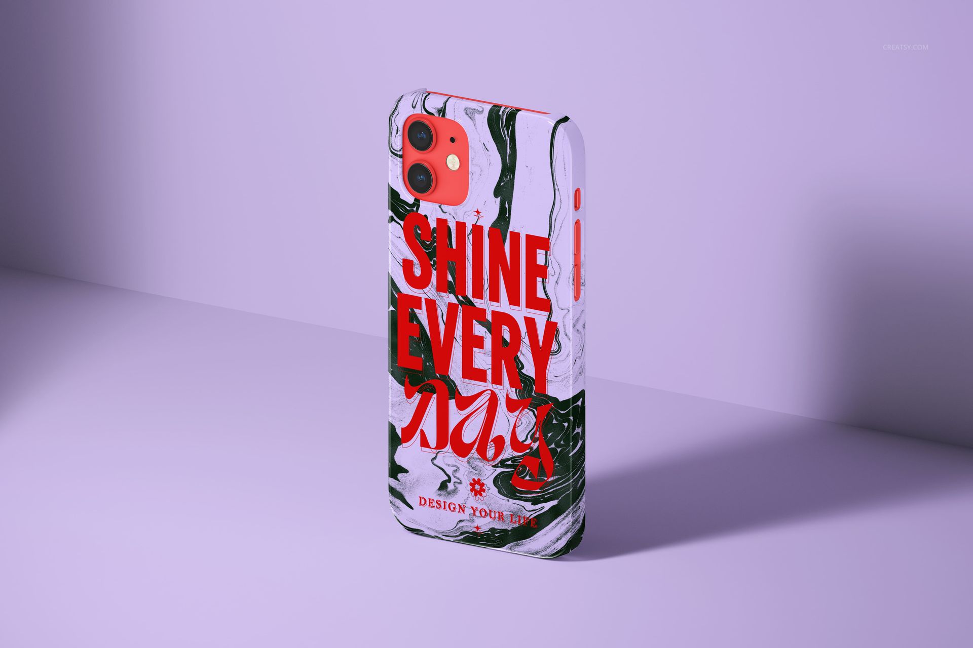 Glossy iPhone 12 snap case mockup standing upright on a light purple surface with red and black marble pattern.