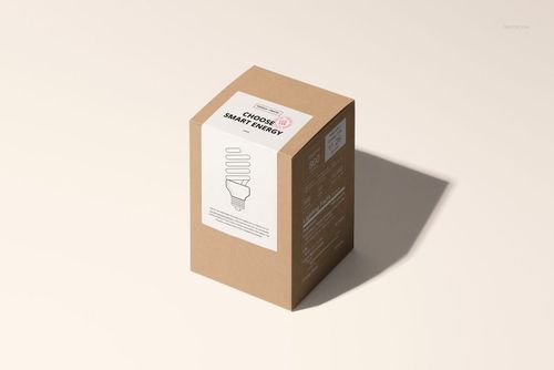 Packaging mockup of a tall brown box with a white sticker label, displayed from a high front-side perspective.