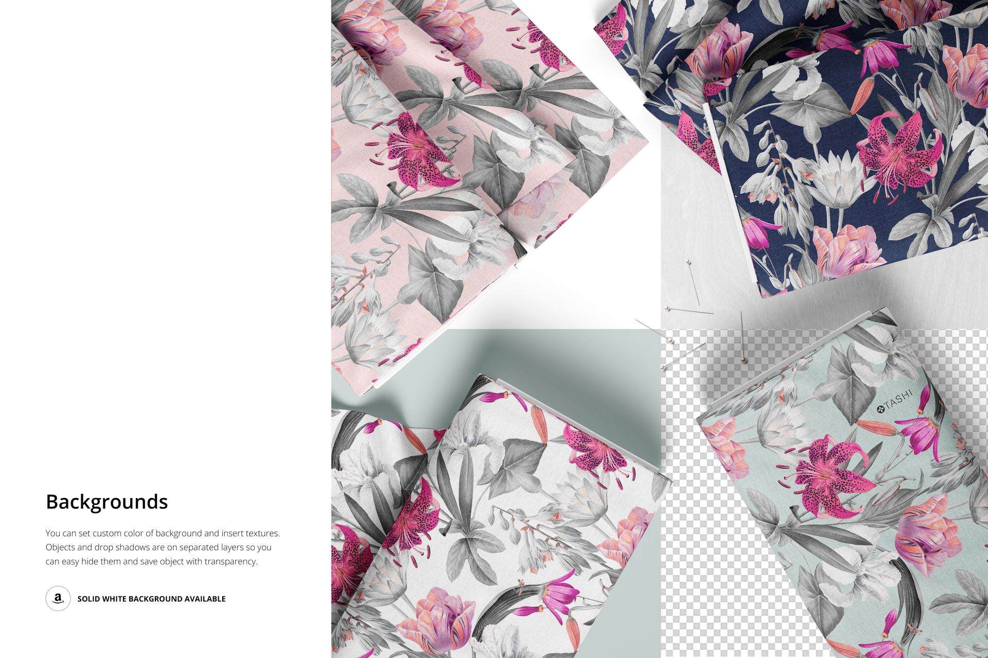 Fabric bolts displayed in a mockup set, featuring floral patterns in pink, gray, and navy tones, shown from above.