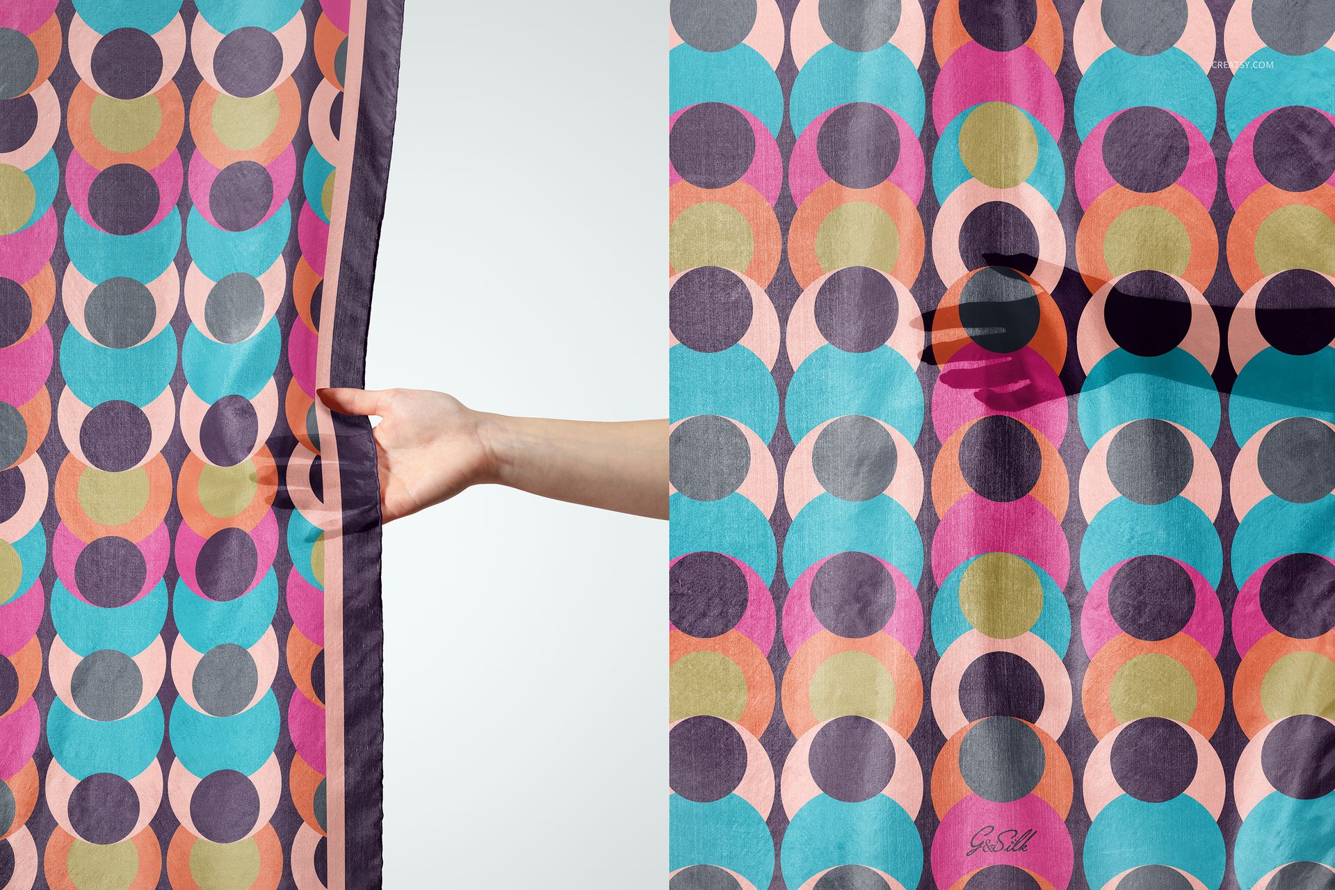 Mockup of a habotai silk scarf featuring vibrant overlapping circles in multiple colors, displayed with hand detail.