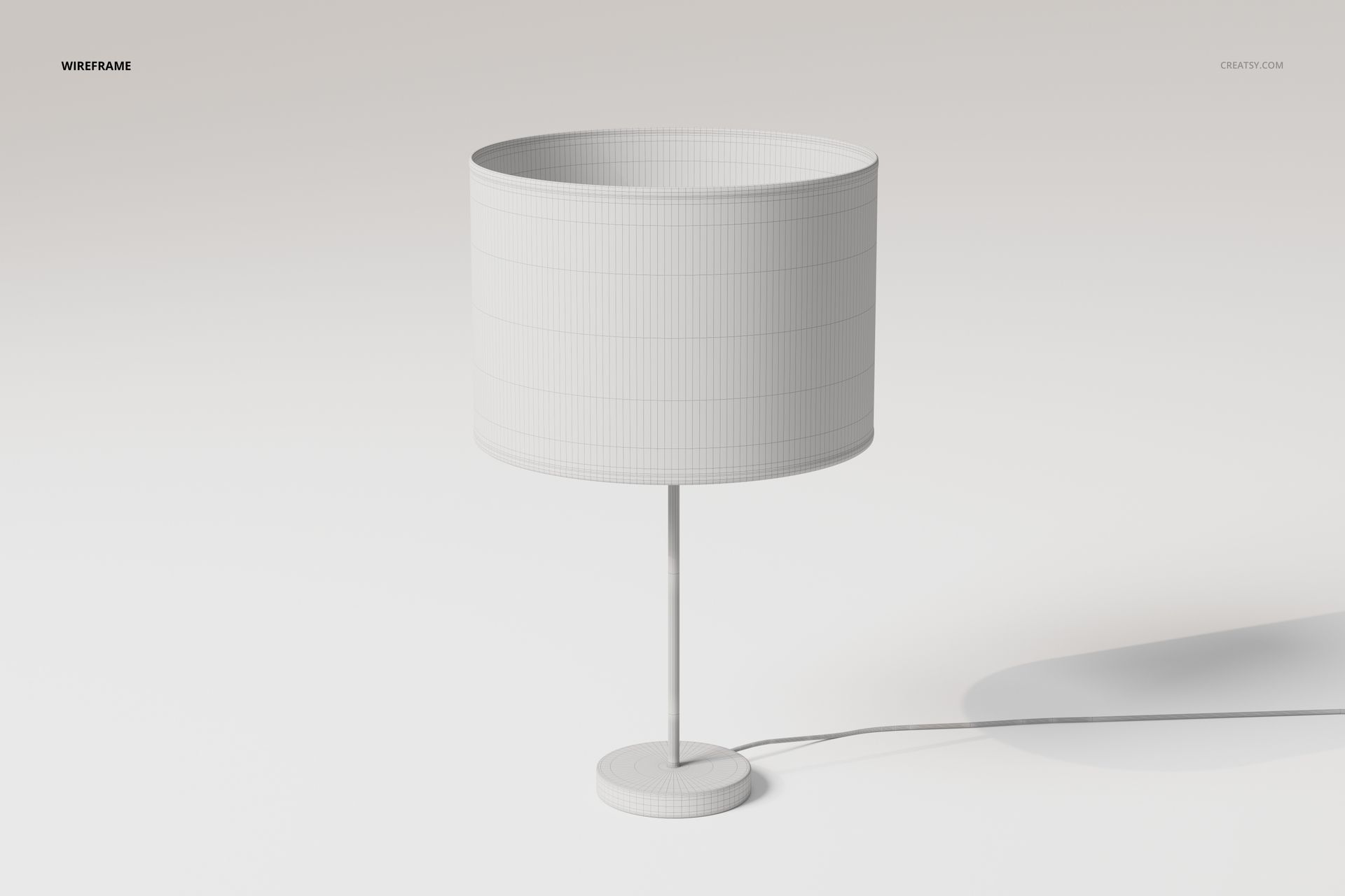 Rectangular nightstand lamp with a cylindrical shade in a light wireframe design, shown on a plain surface.