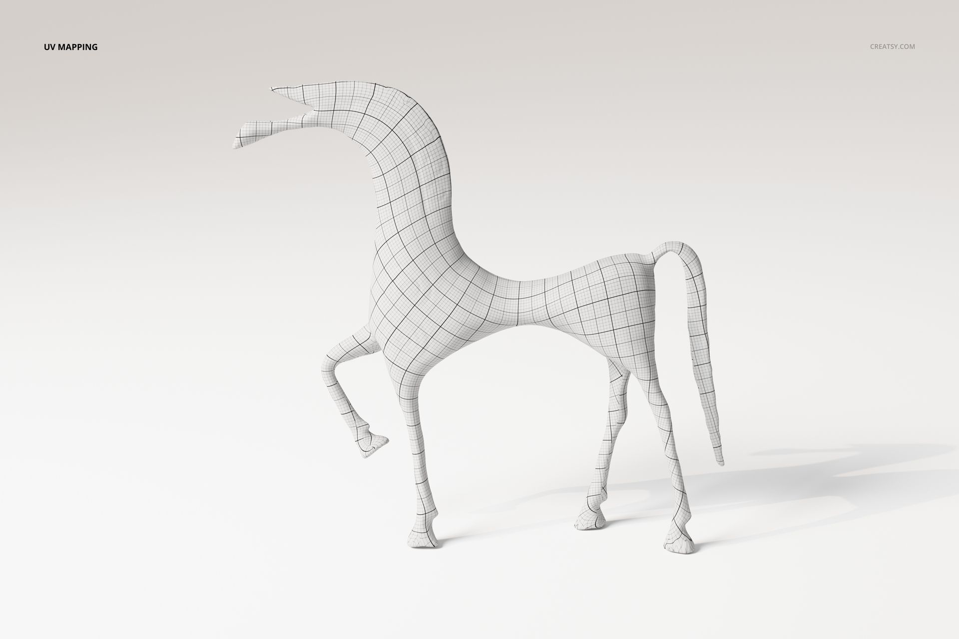Wireframe view of an antique-style horse figurine 3D model, shown in profile with raised front leg on a white background.