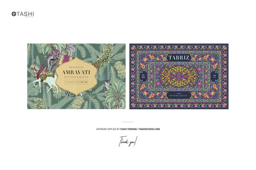 Front view of a pouf and carpet mockup featuring intricate botanical and geometric patterns in muted green and navy tones.