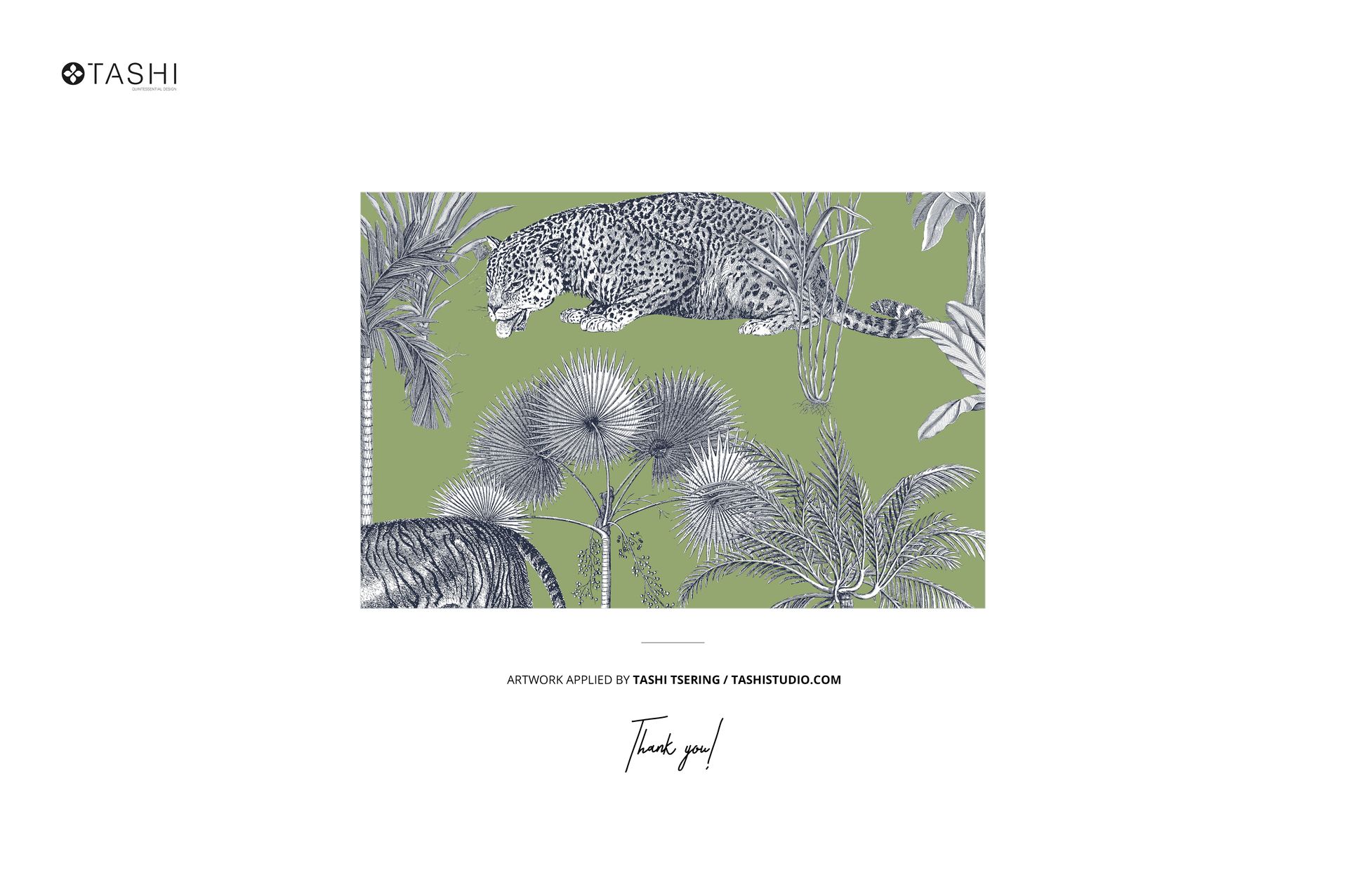 Front view of a staircase mockup featuring a green background with illustrated leopards and tropical plants in gray tones.