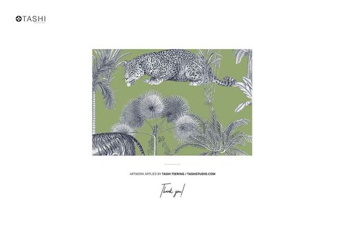 Front view of a staircase mockup featuring a green background with illustrated leopards and tropical plants in gray tones.