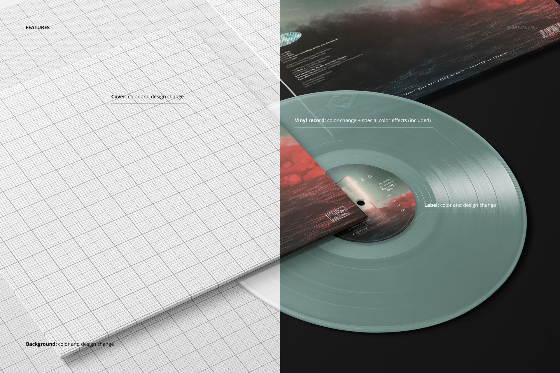 PSD mockup showing a translucent vinyl record and two album covers, with one cover in a grid pattern and one in a red-toned design.